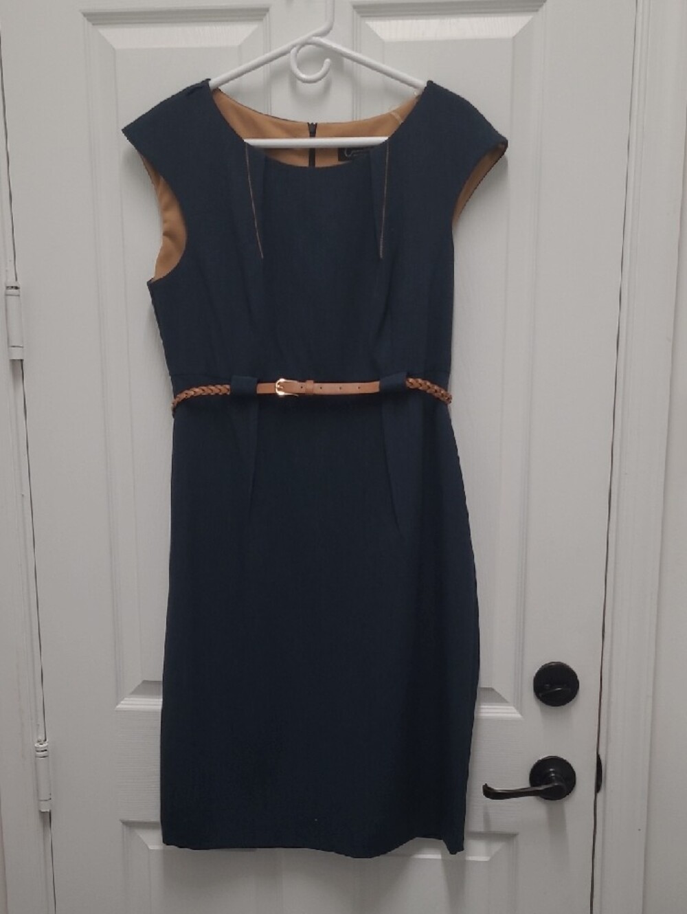 Connected Apparel Navy Dress with Tan Trim & Braided Belt
